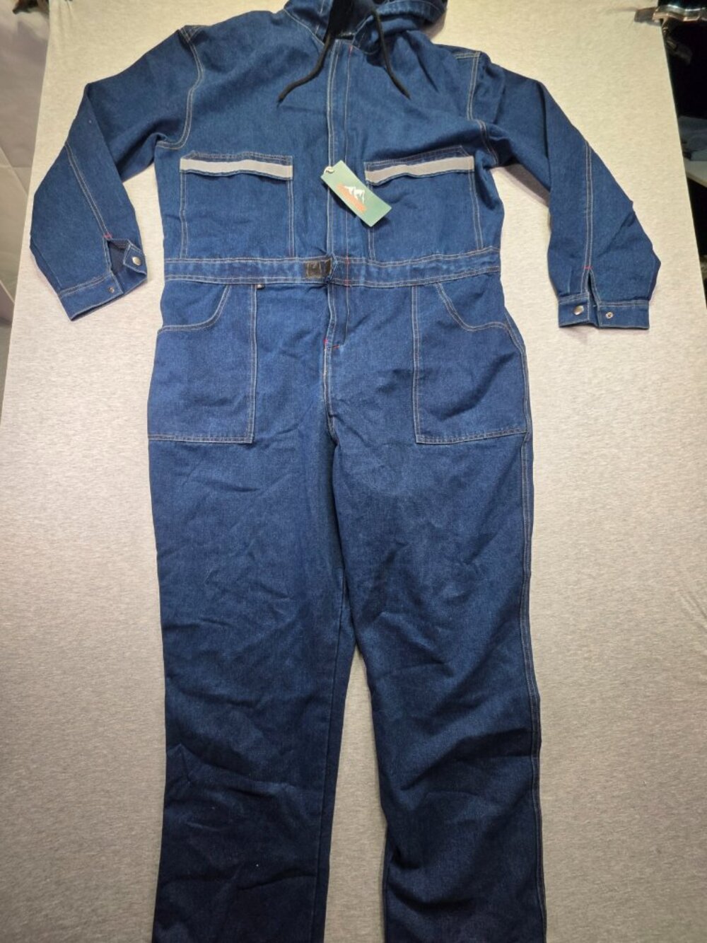 Men's Denim Coveralls with Hood Blue Jean Workwear Jumpsuit Reflective Tape NWT